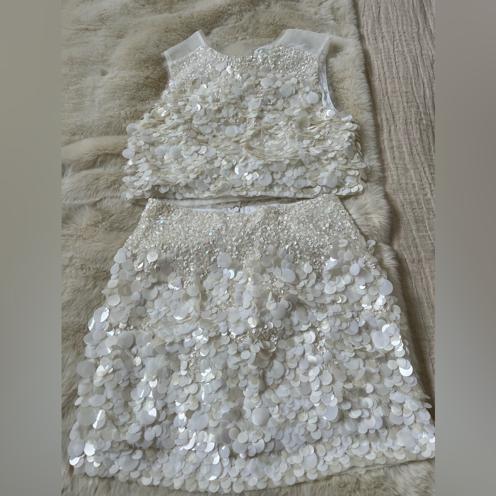 Aje Ivory Sequin shell top & skirt. Top sz 6 bottom sz 8, selling as a set,mint
